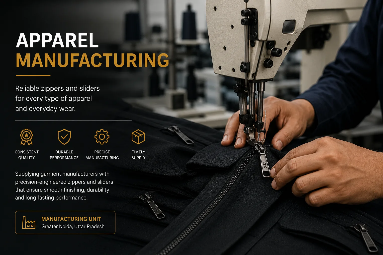 Apparel manufacturing application with garment zipper components